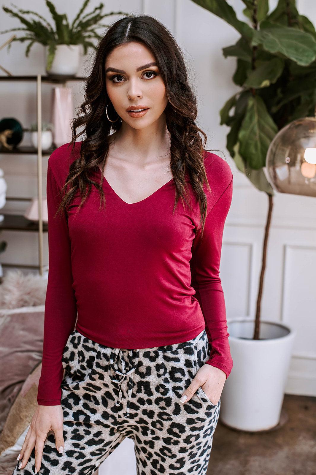 Burgundy Lined V-Neck Top-FINAL SALE