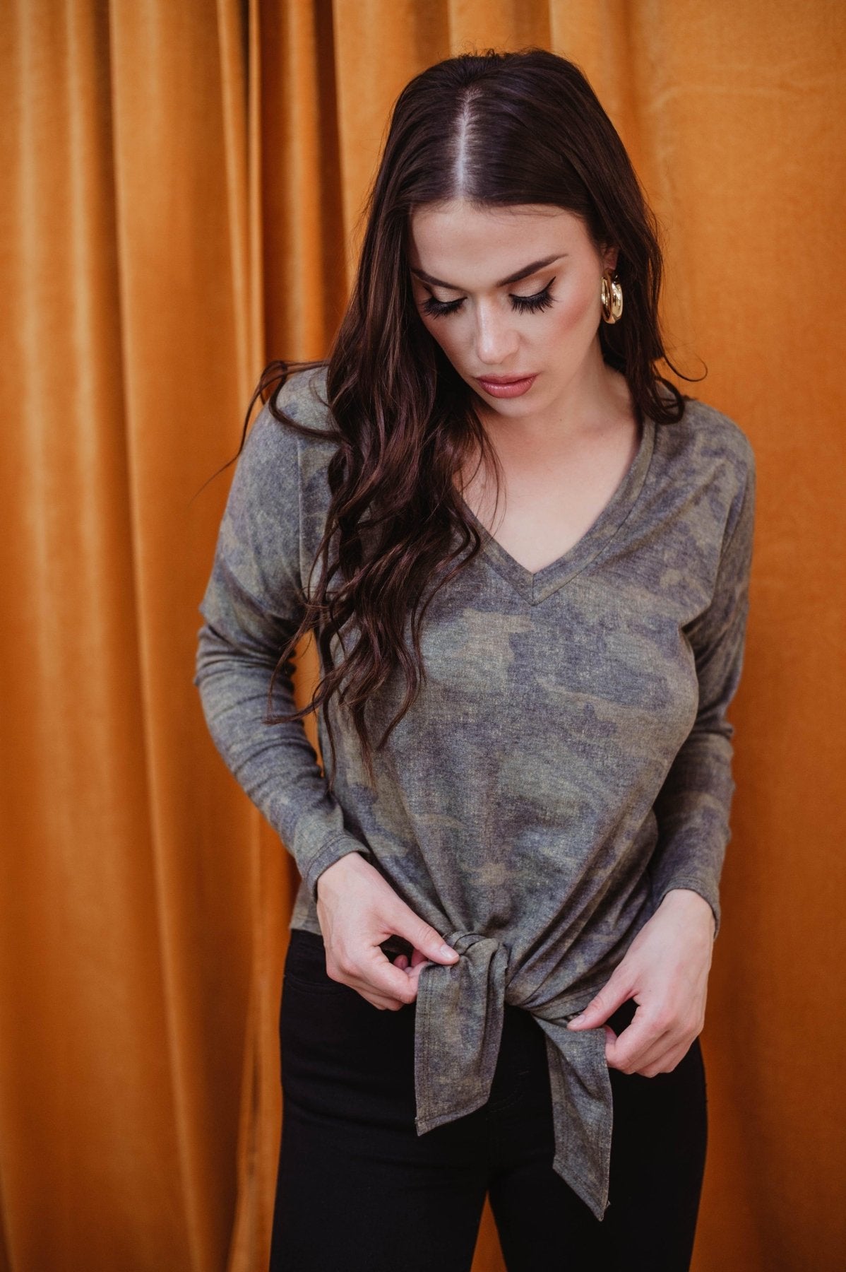 Long Sleeve Top with Tie - Military Camo - FINAL SALE