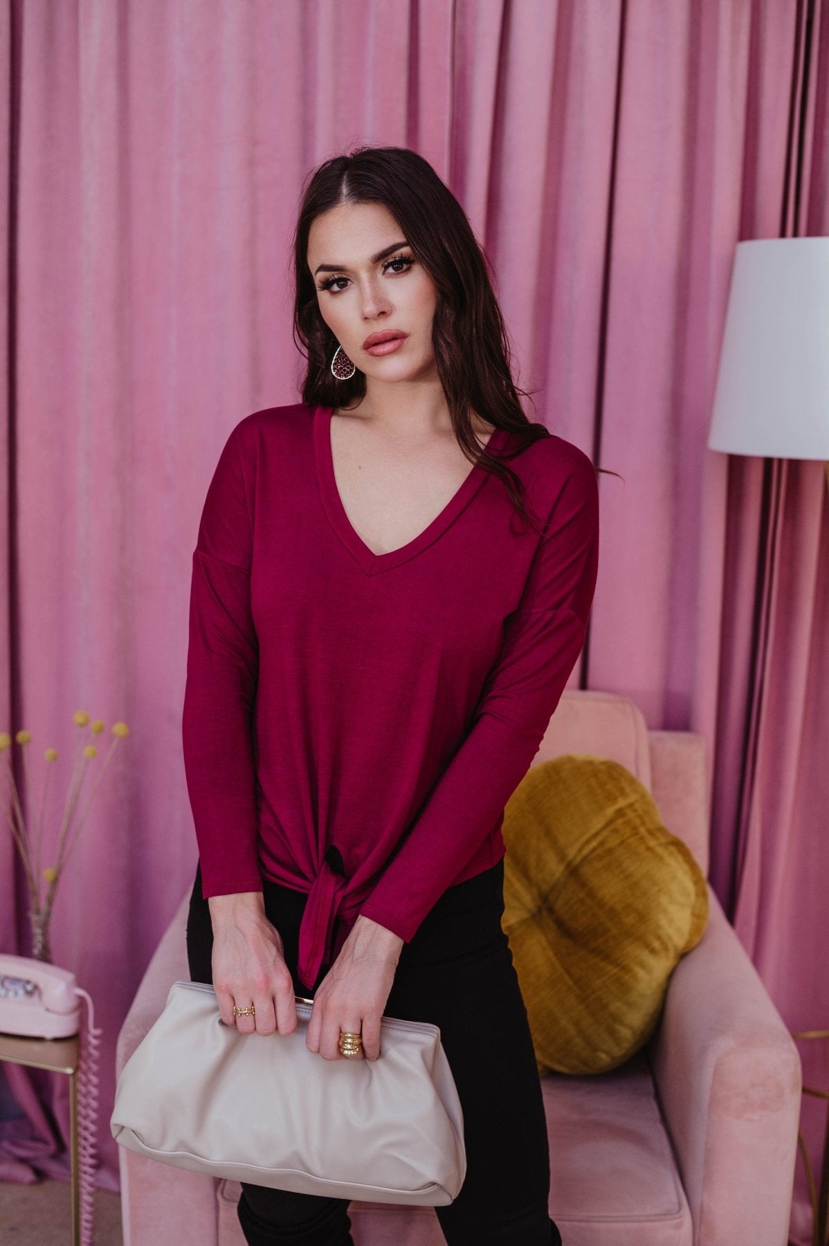 Long Sleeve Top with Tie - Burgundy - FINAL SALE