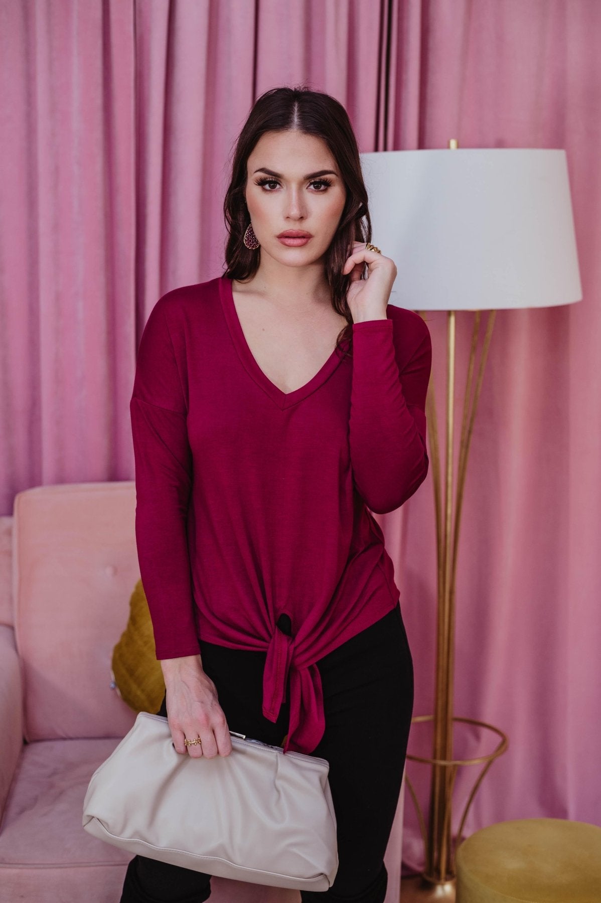 Long Sleeve Top with Tie - Burgundy - FINAL SALE