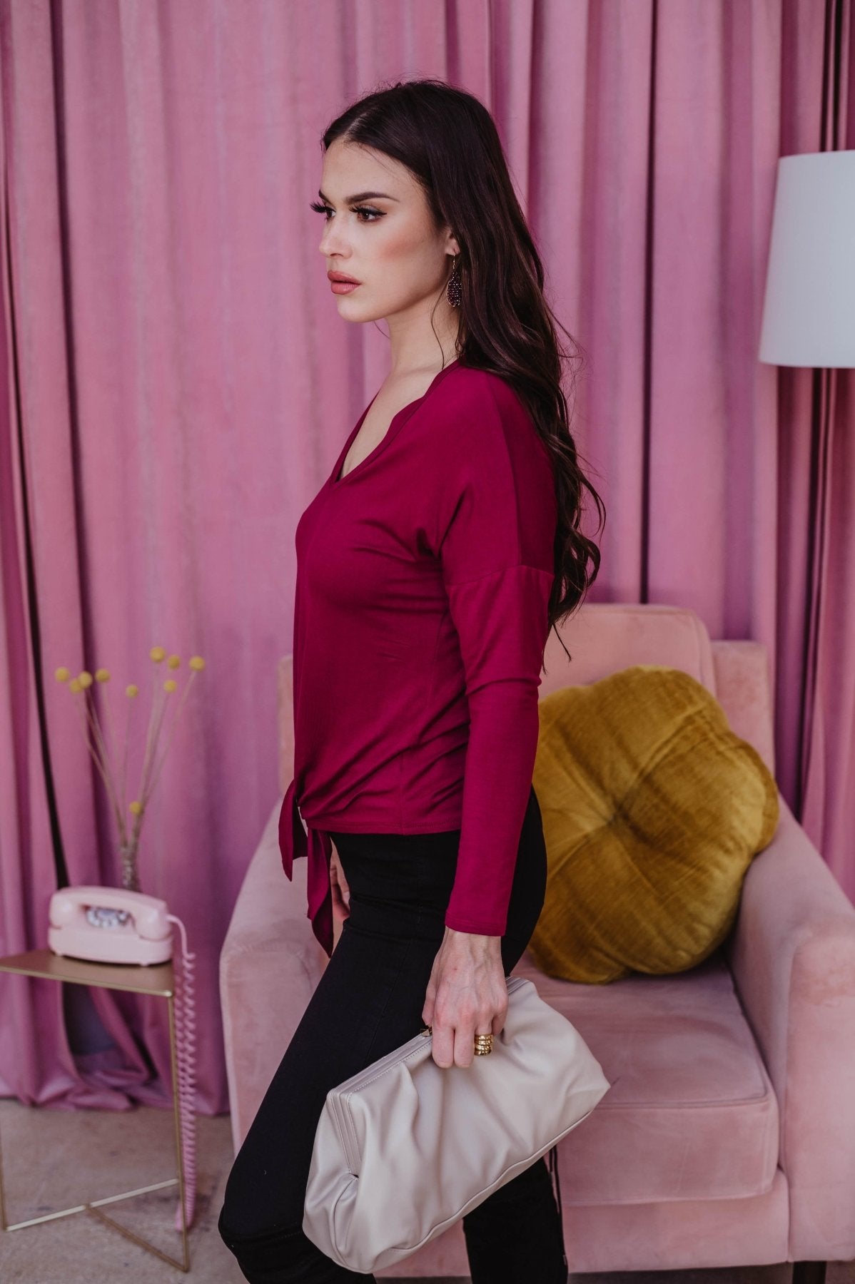 Long Sleeve Top with Tie - Burgundy - FINAL SALE
