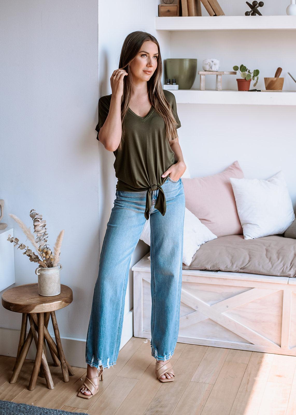 Olive Green Tee with Front Tie-FINAL SALE