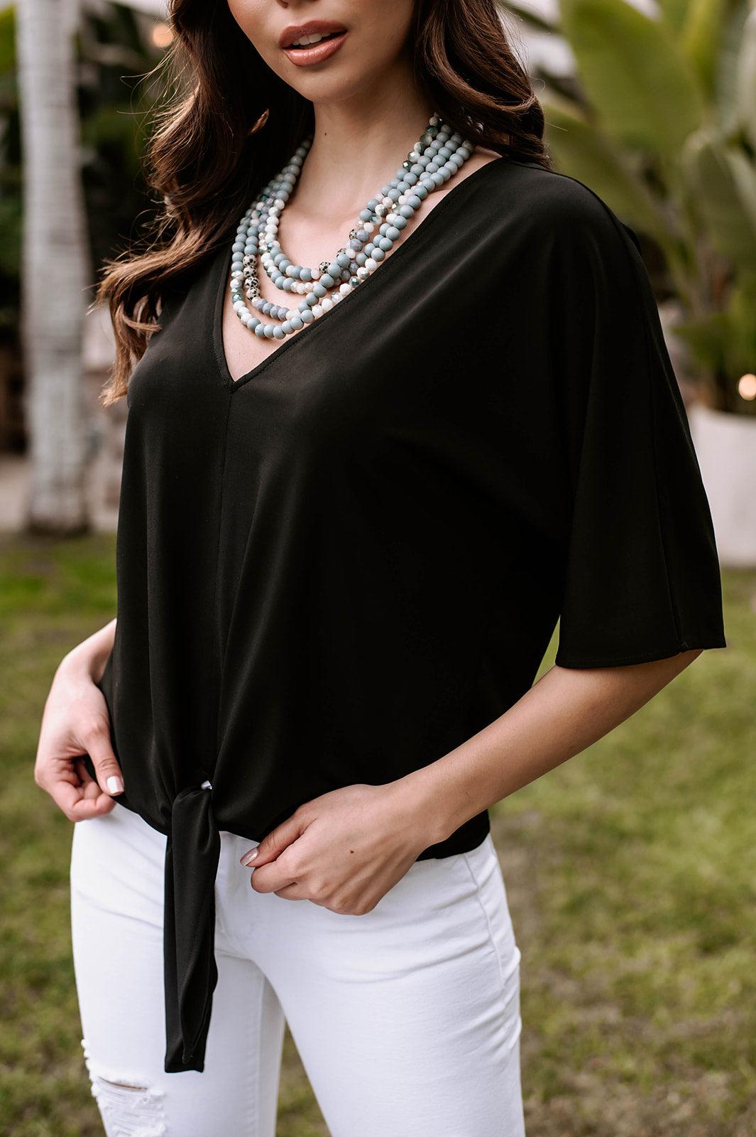 Black Stretch V-Neck Tie Top-BEST SELLER