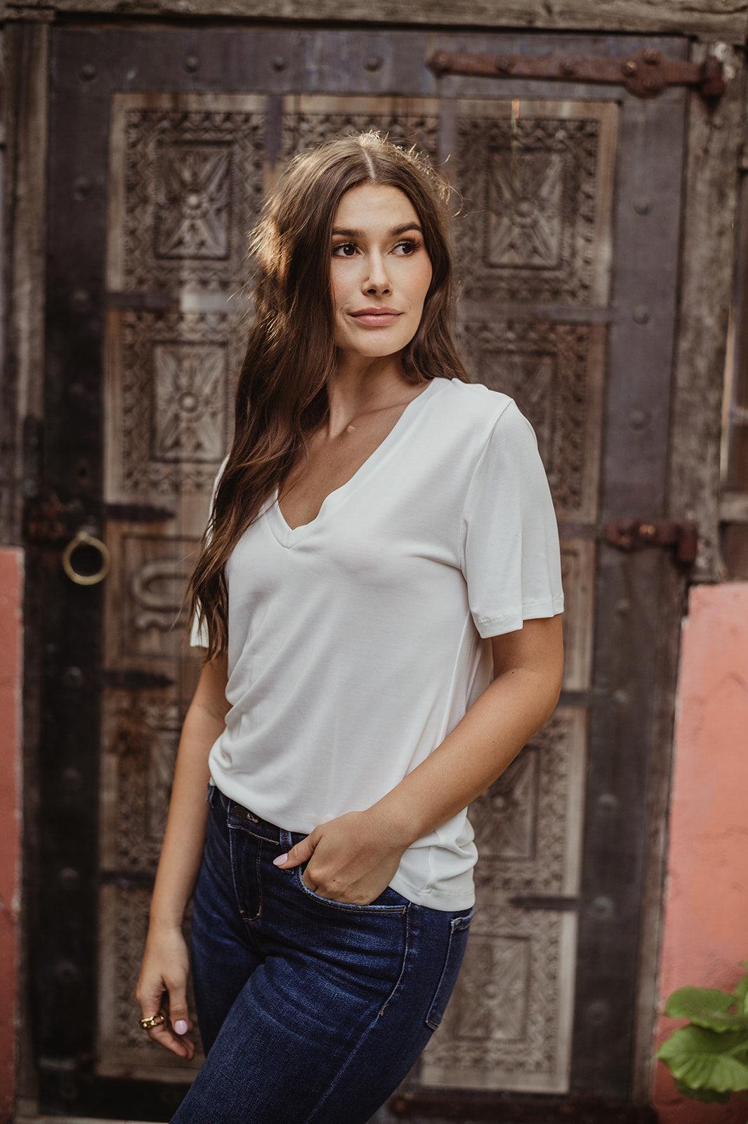 Ivory Cupro V-Neck Cropped Tee