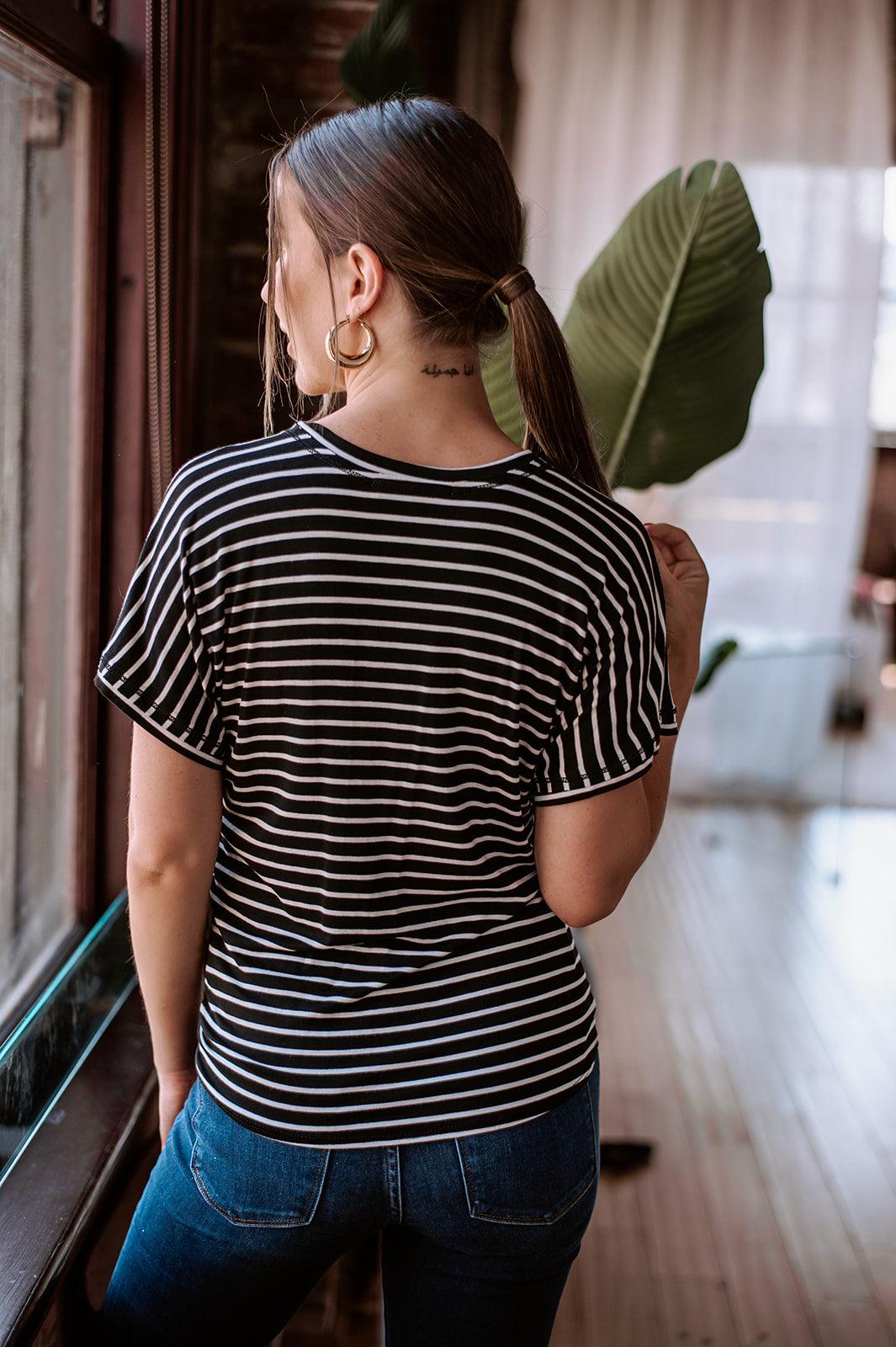 Black and White Stripe Tee with Front Tie-FINAL SALE