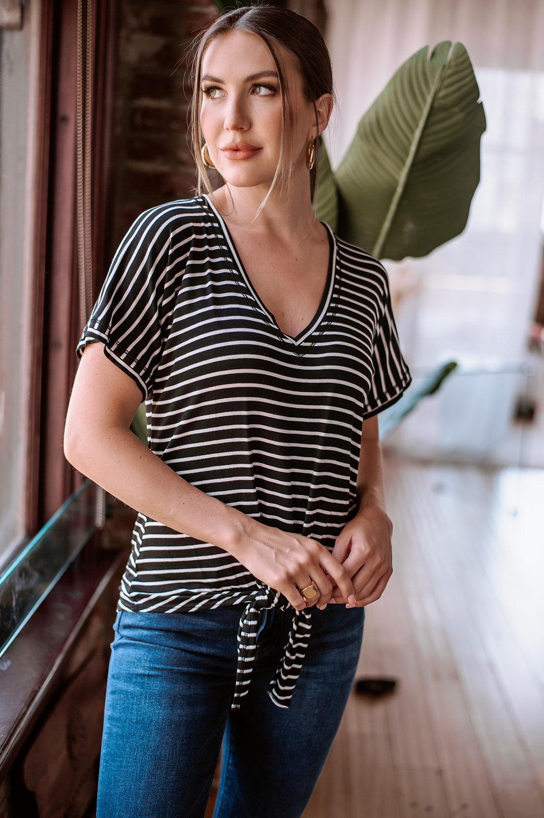 Black and White Stripe Tee with Front Tie-FINAL SALE