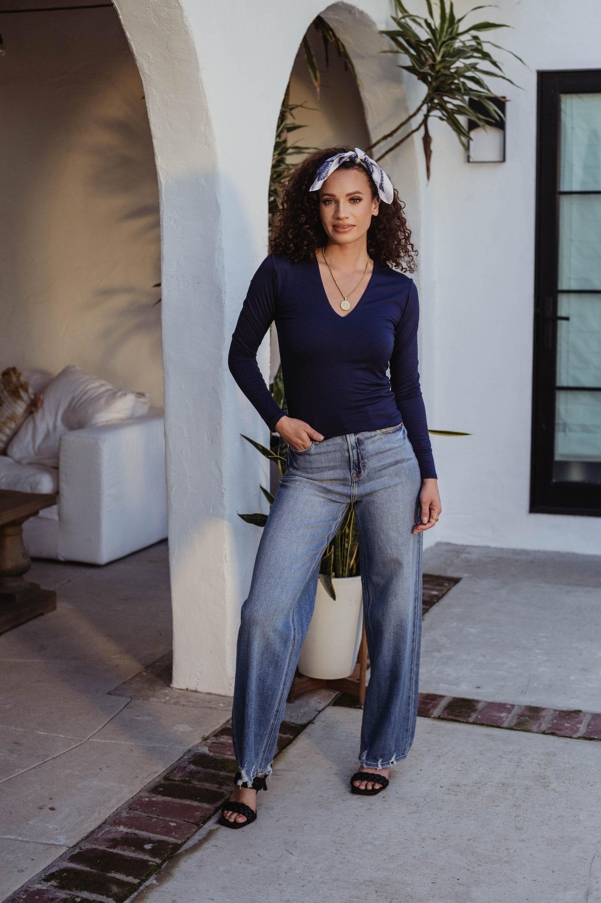 Navy Blue Lined V-Neck Top-BEST SELLER