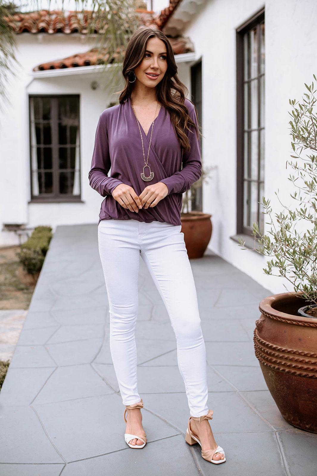 New Eggplant Cupro Draped Surplice Top - BEST SELLER