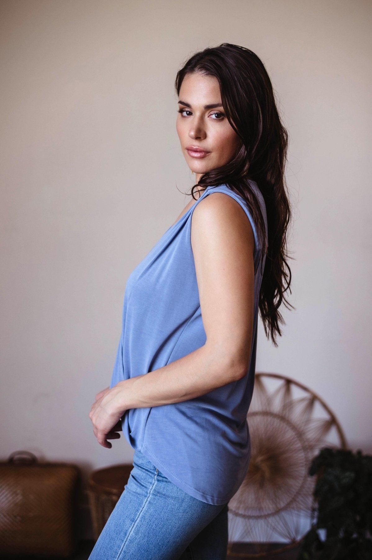 The Everyday Cupro Surplice Tank - Denim Blue