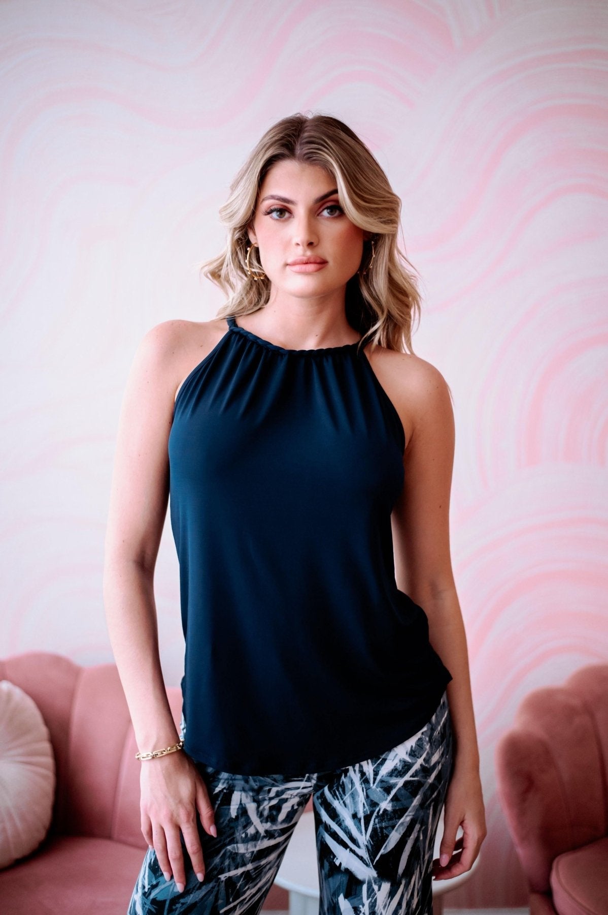 Navy Braided Halter Stretch Tank-BEST SELLER