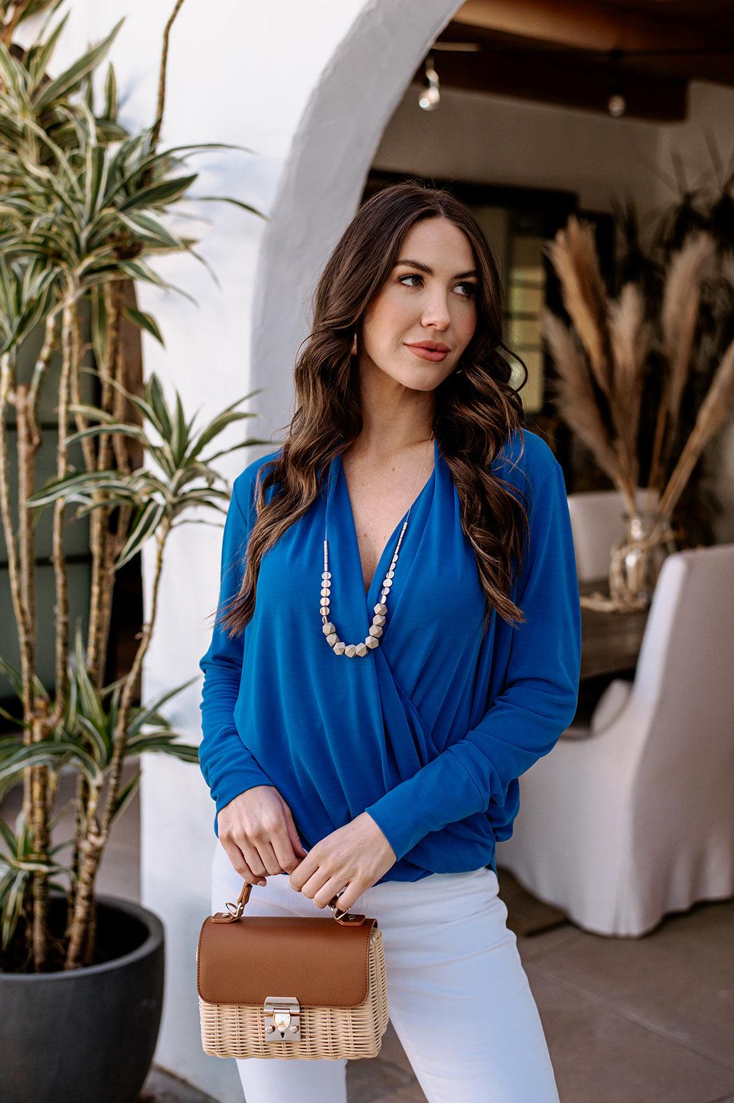 Royal Blue Cupro Draped Surplice Top-FINAL SALE