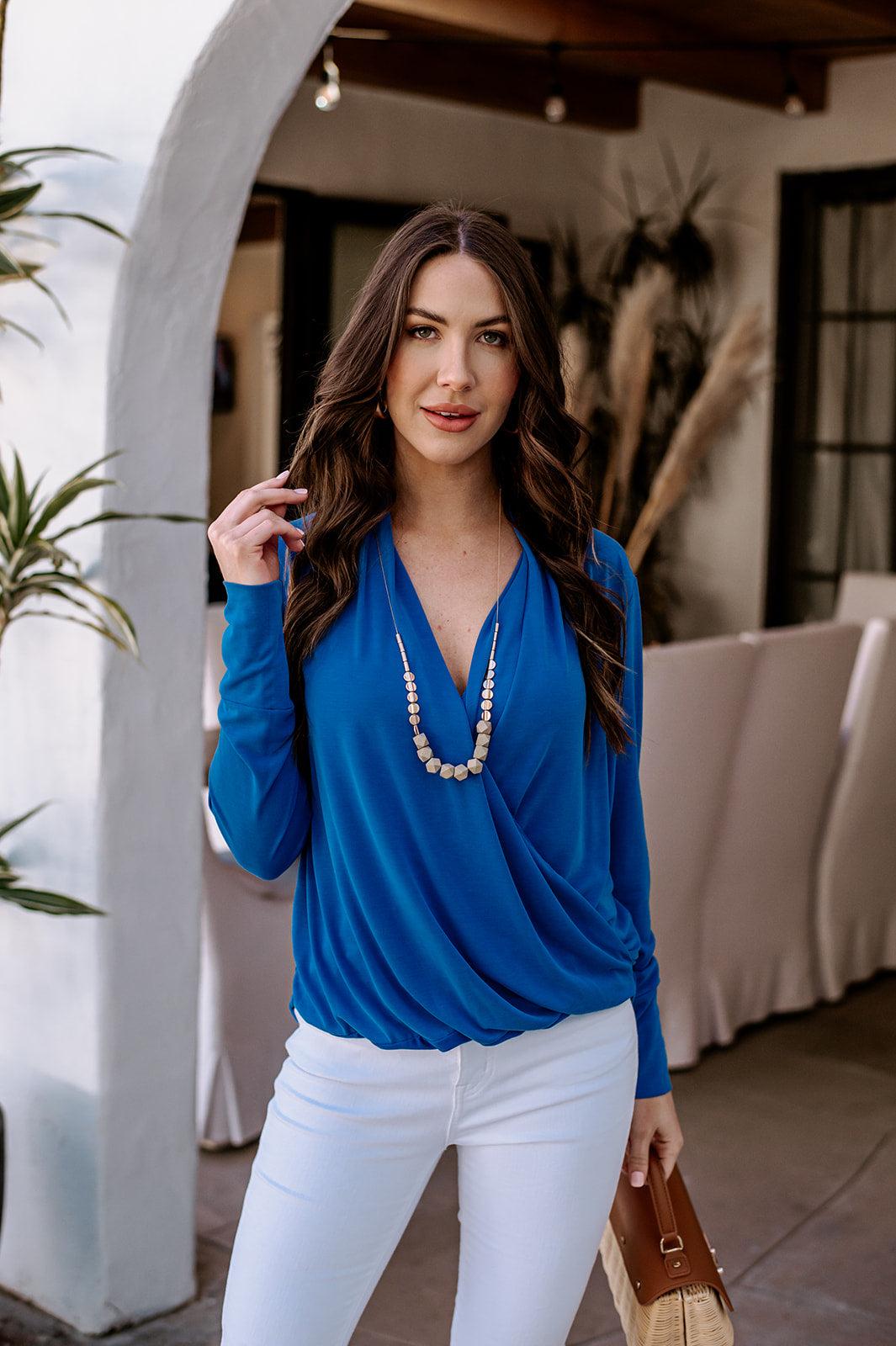 Royal Blue Cupro Draped Surplice Top-FINAL SALE
