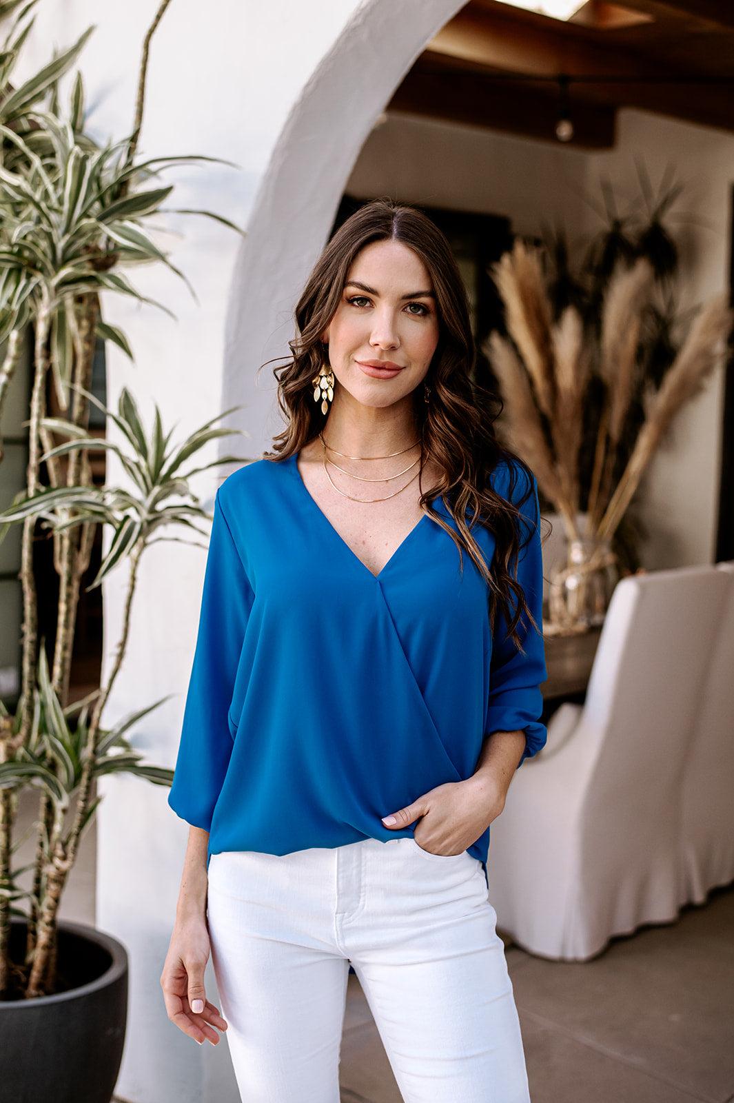 Pop Blue Surplice Blouse - BEST SELLER