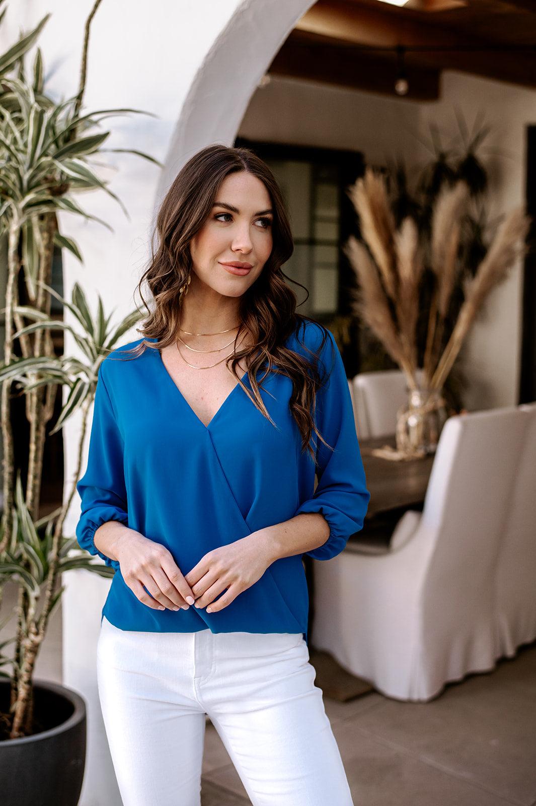 Pop Blue Surplice Blouse - BEST SELLER