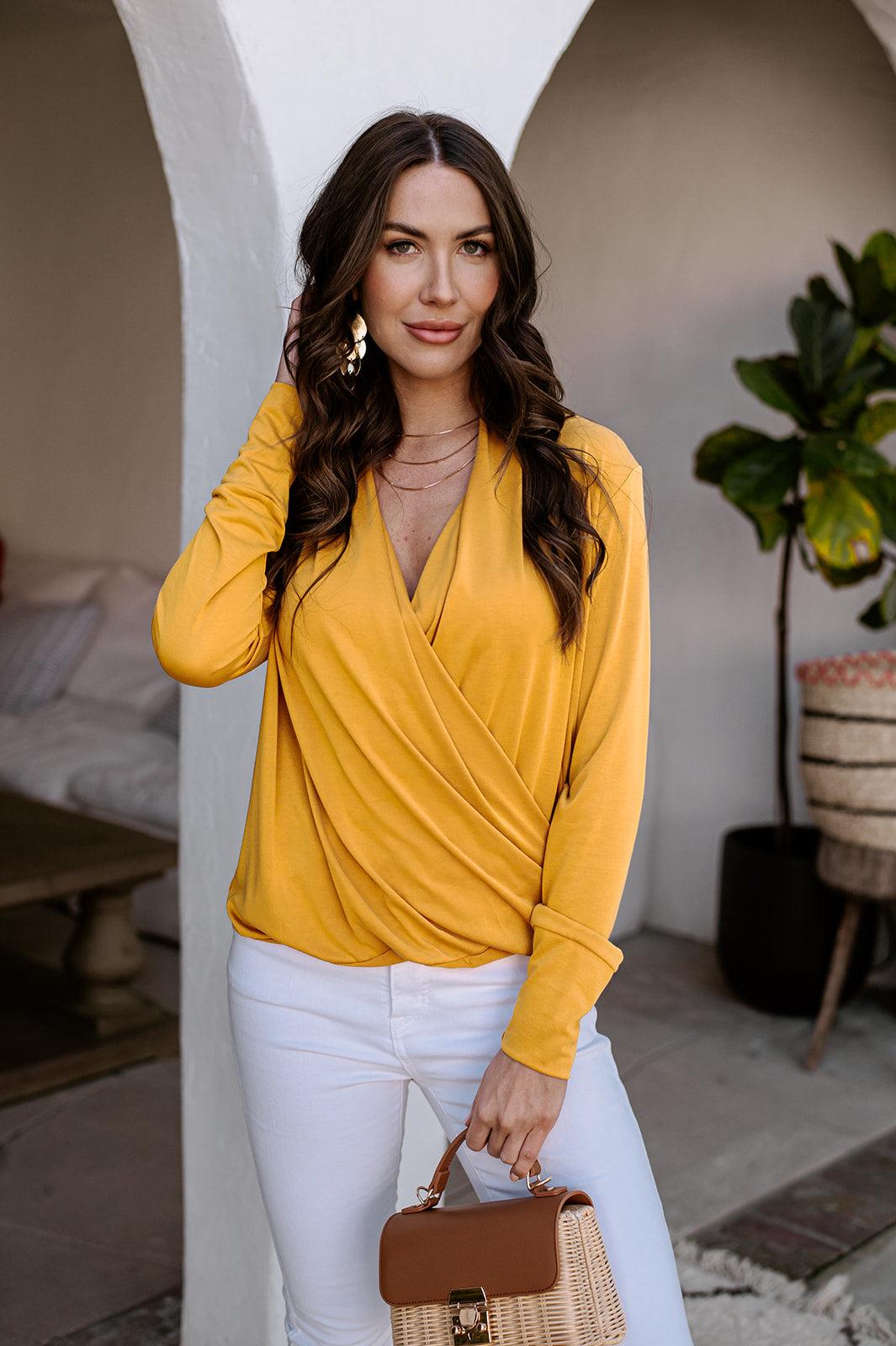 Mustard Cupro Draped Surplice Top-FINAL SALE