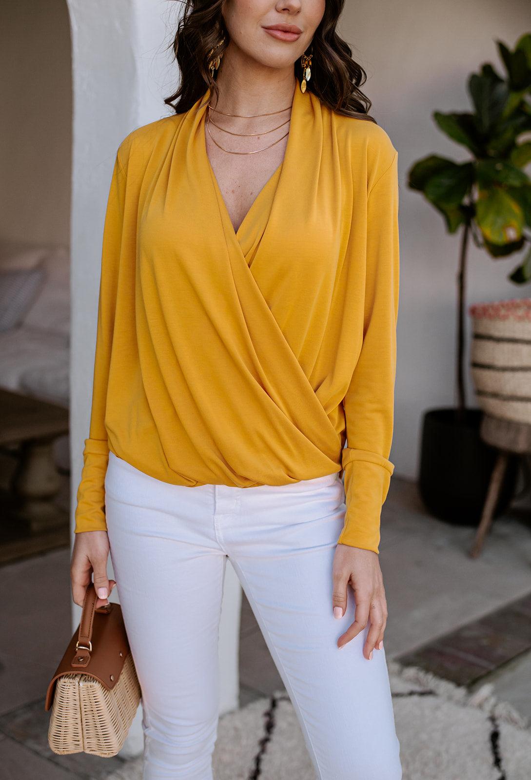 Mustard Cupro Draped Surplice Top-FINAL SALE