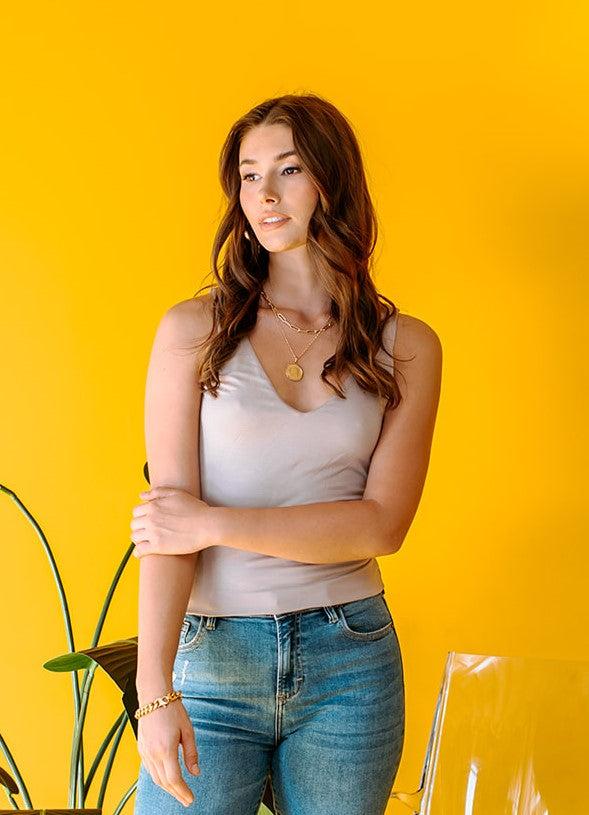 Jersey Double Lined V-Neck Cropped Tank-FINAL SALE - Khaki