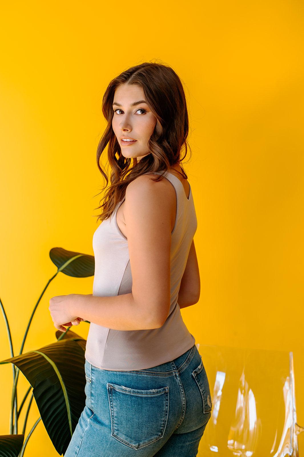 Jersey Double Lined V-Neck Cropped Tank-FINAL SALE - Khaki