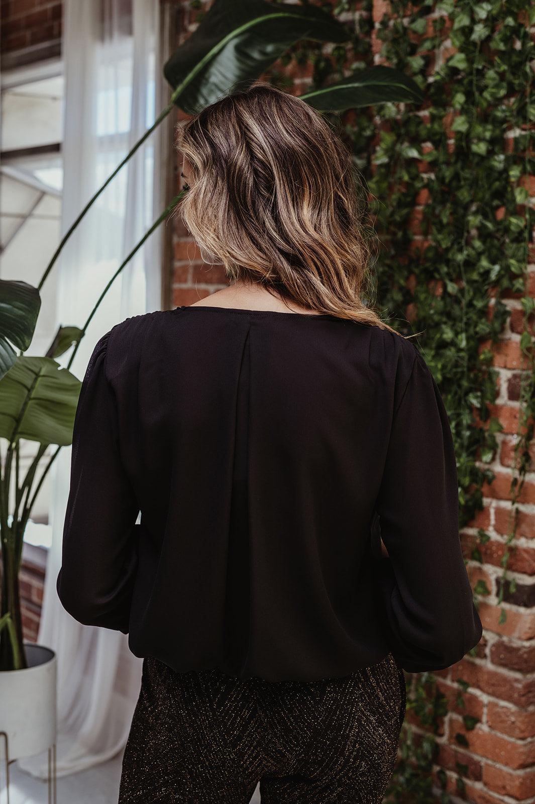 Black Leila Blouse with Shoulder Pads-FINAL SALE