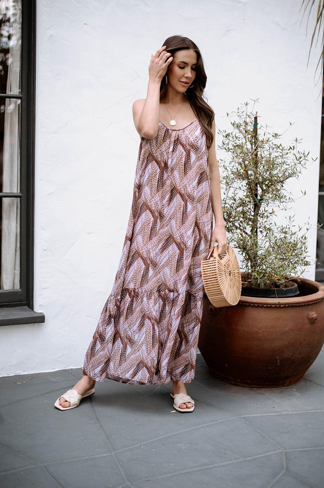 sleeveless multicolored maxi dress on woman
