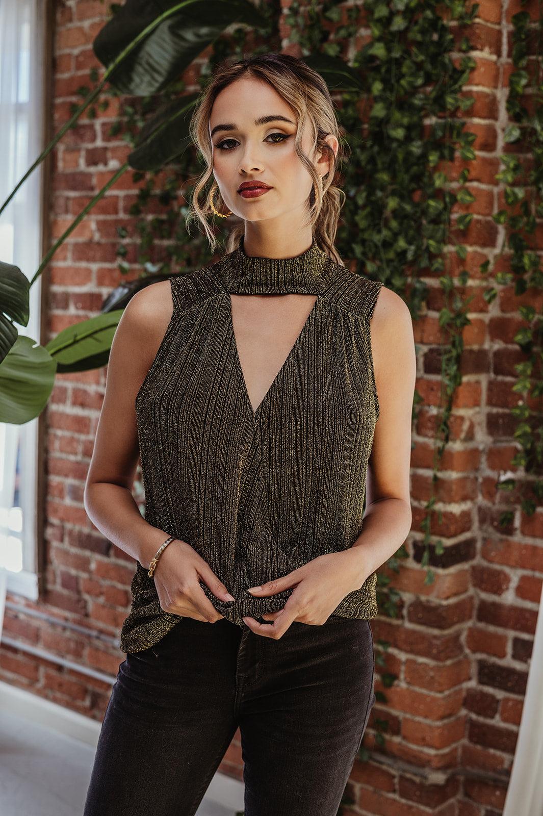 Gold Stripe Cut-Out Surplice Top- FINAL SALE