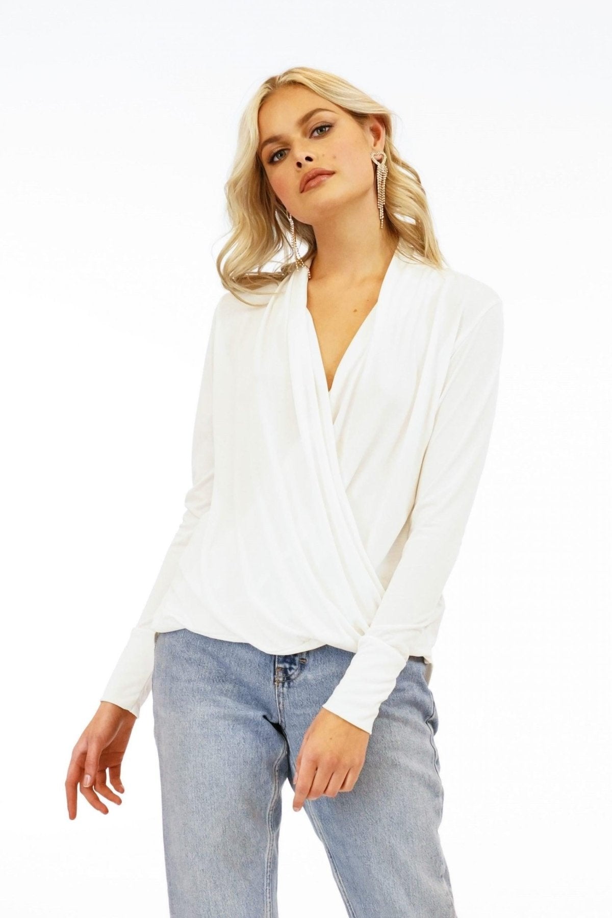 Ivory Cupro Draped Surplice Top-BEST SELLER