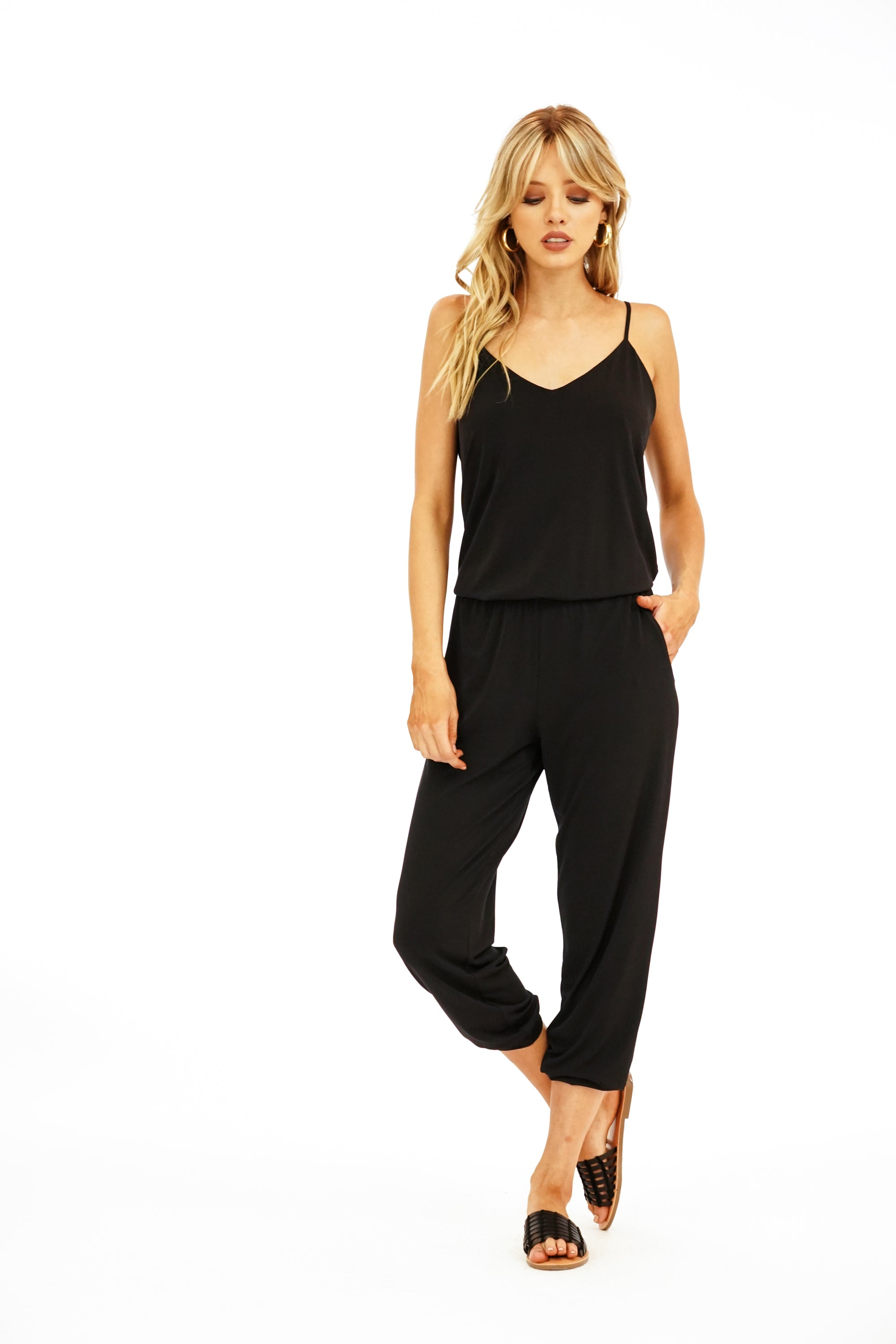 Black Spaghetti Drop Waist Jumpsuit