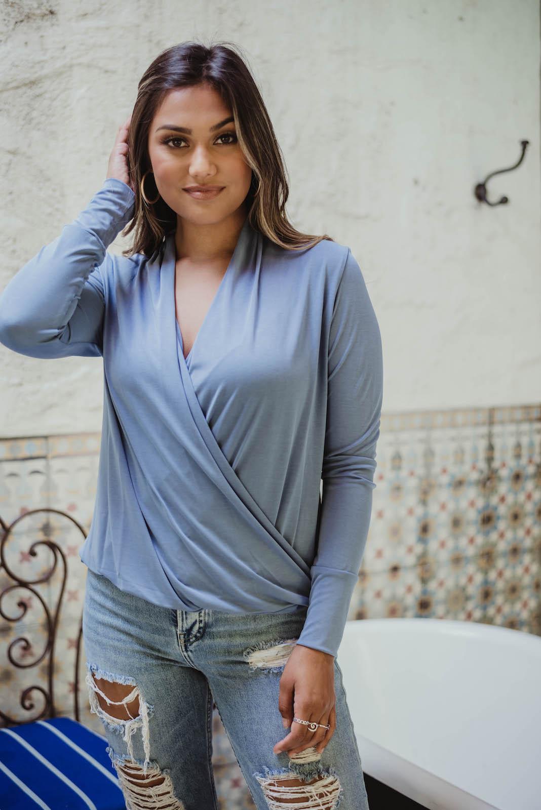 Light Denim Draped Surplice Top - FINAL SALE