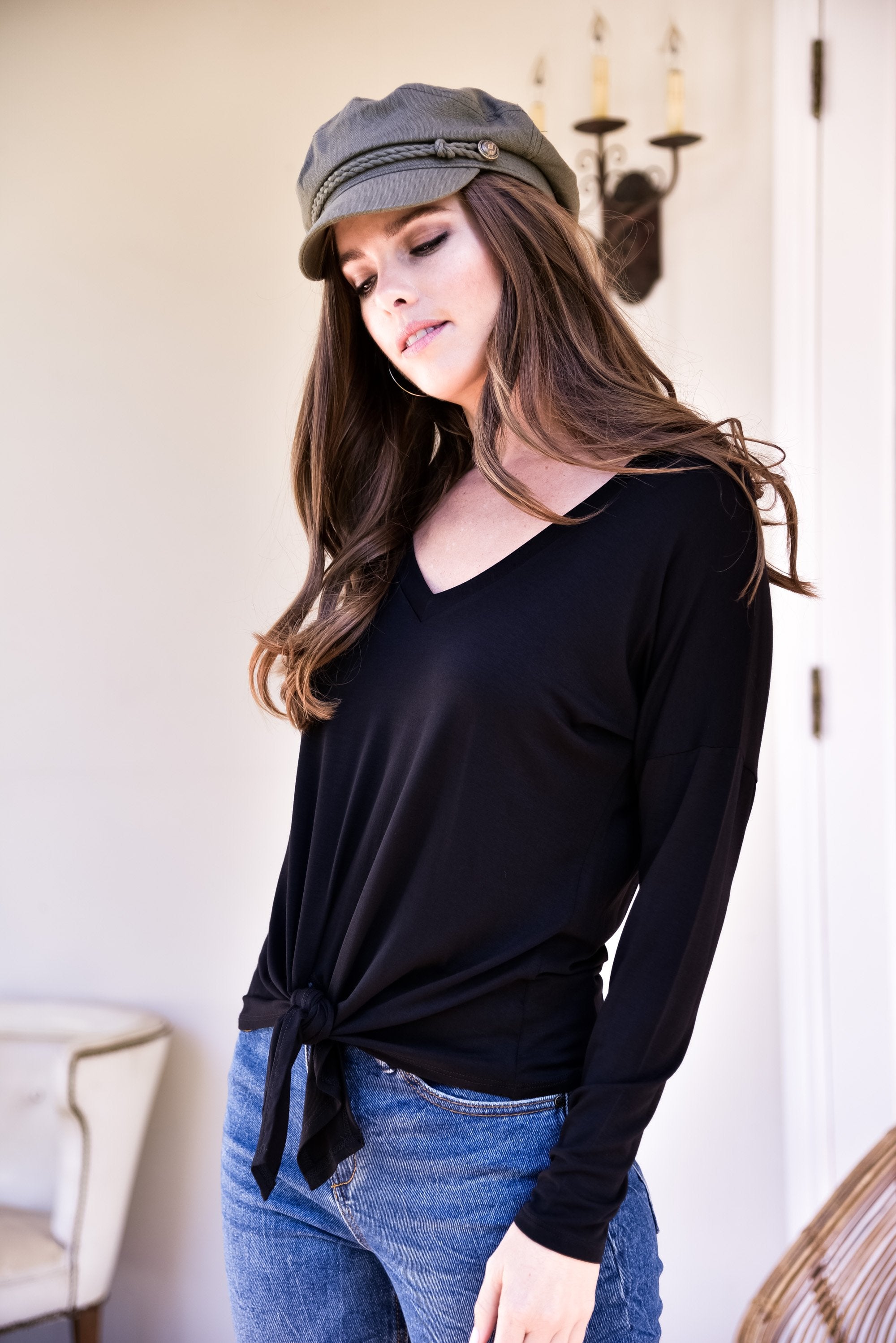 Black Long Sleeve Top with Tie-Final Sale