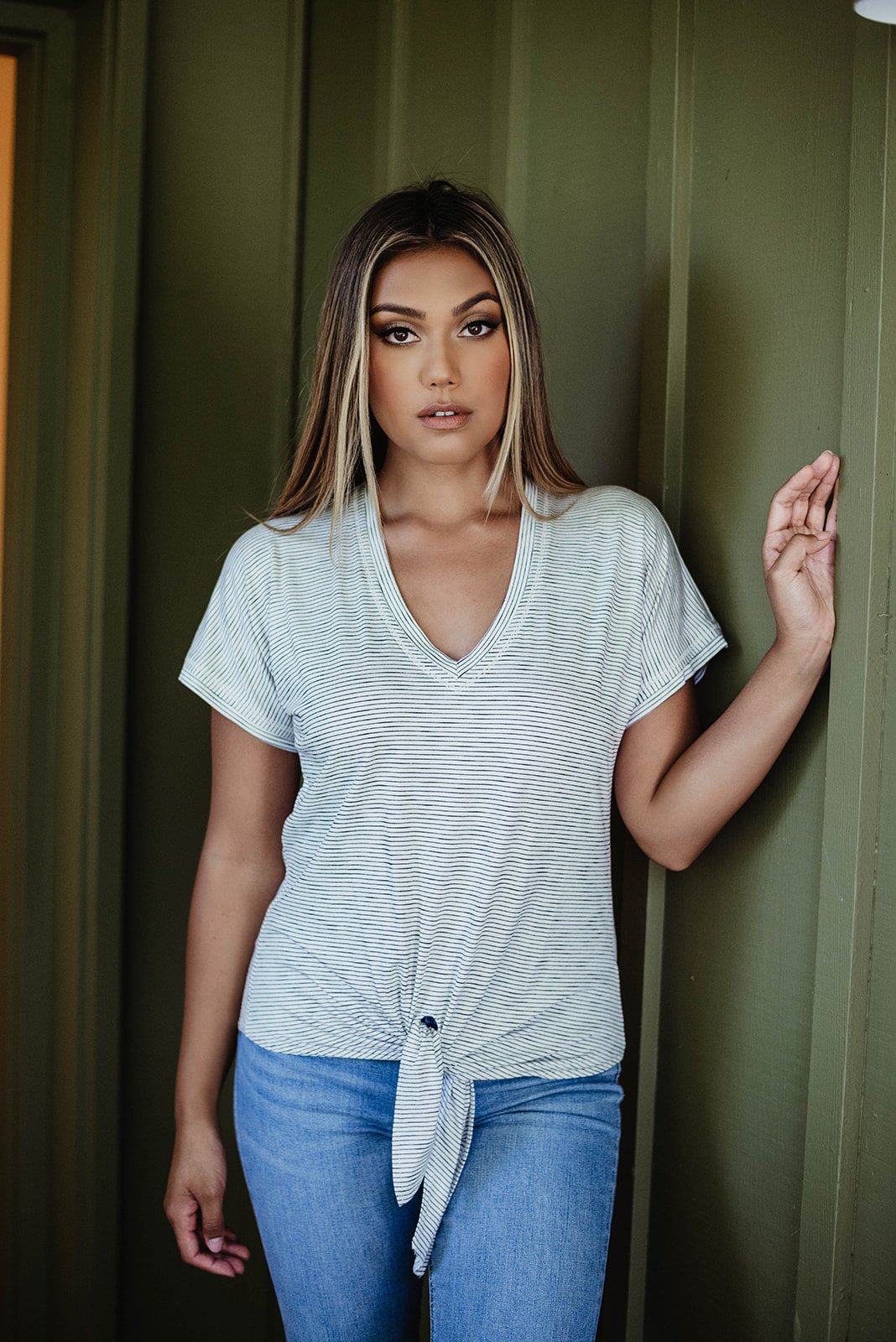 Off White Striped Tee with Front Tie-FINAL SALE