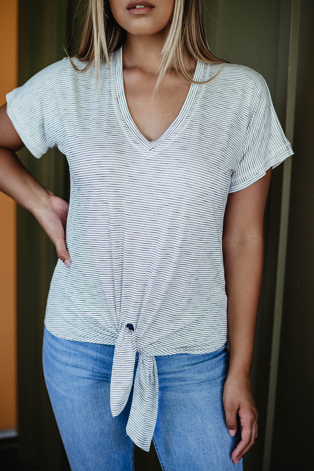 Off White Striped Tee with Front Tie