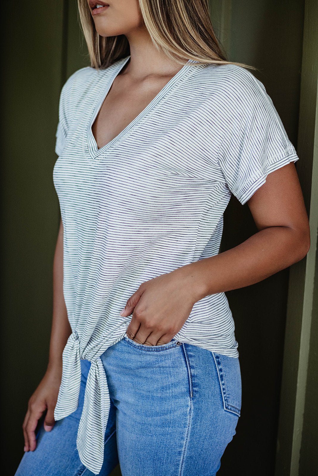 Off White Striped Tee with Front Tie-FINAL SALE