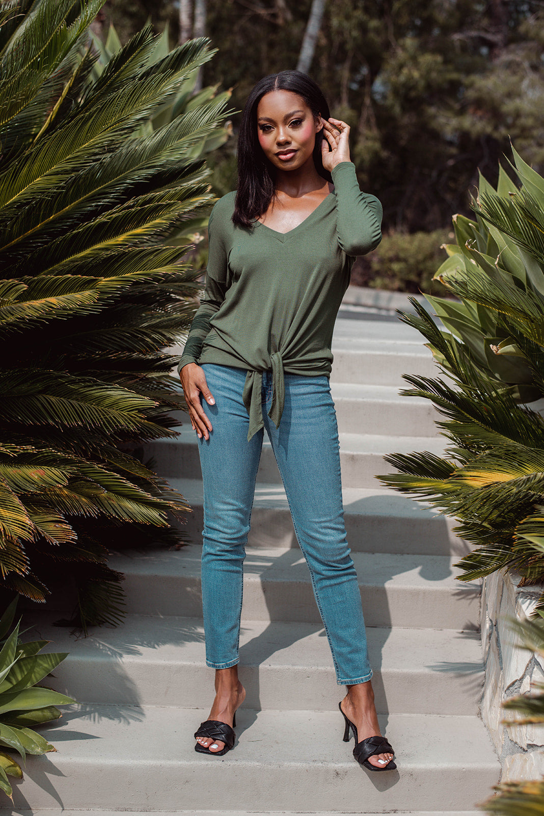 Long Sleeve Top with Tie - Olive - FINAL SALE
