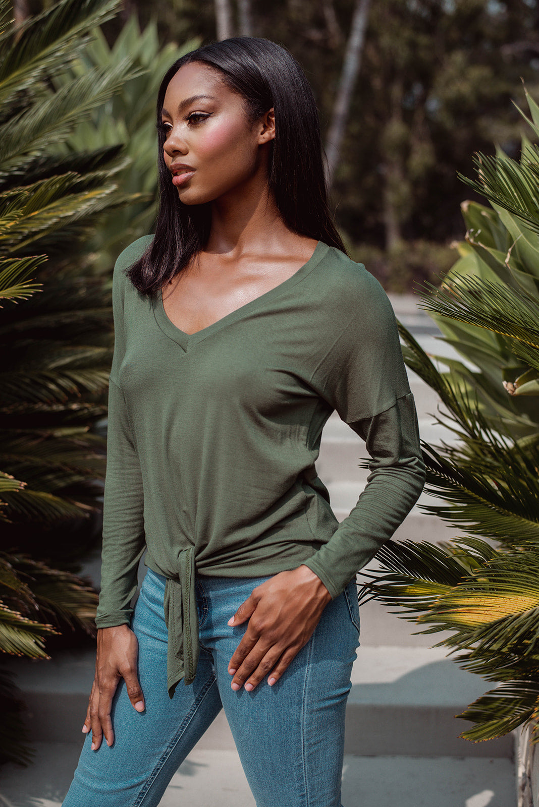 Long Sleeve Top with Tie - Olive - FINAL SALE