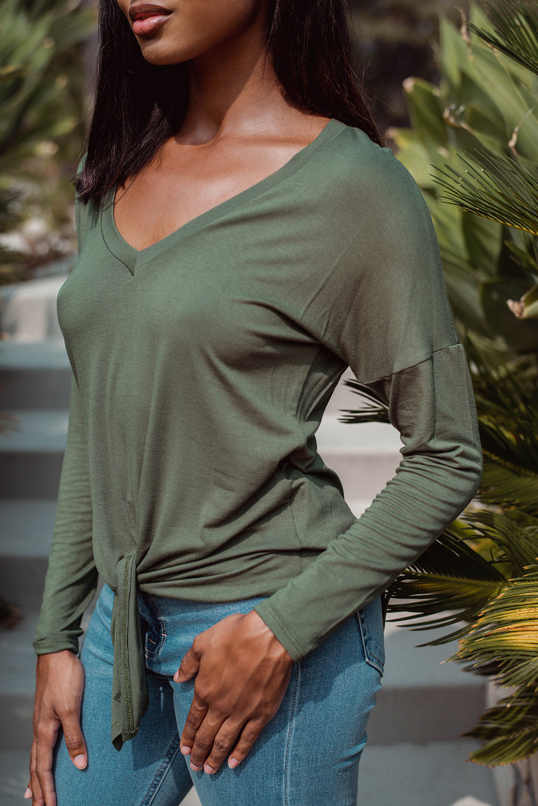 Long Sleeve Top with Tie - Olive - FINAL SALE