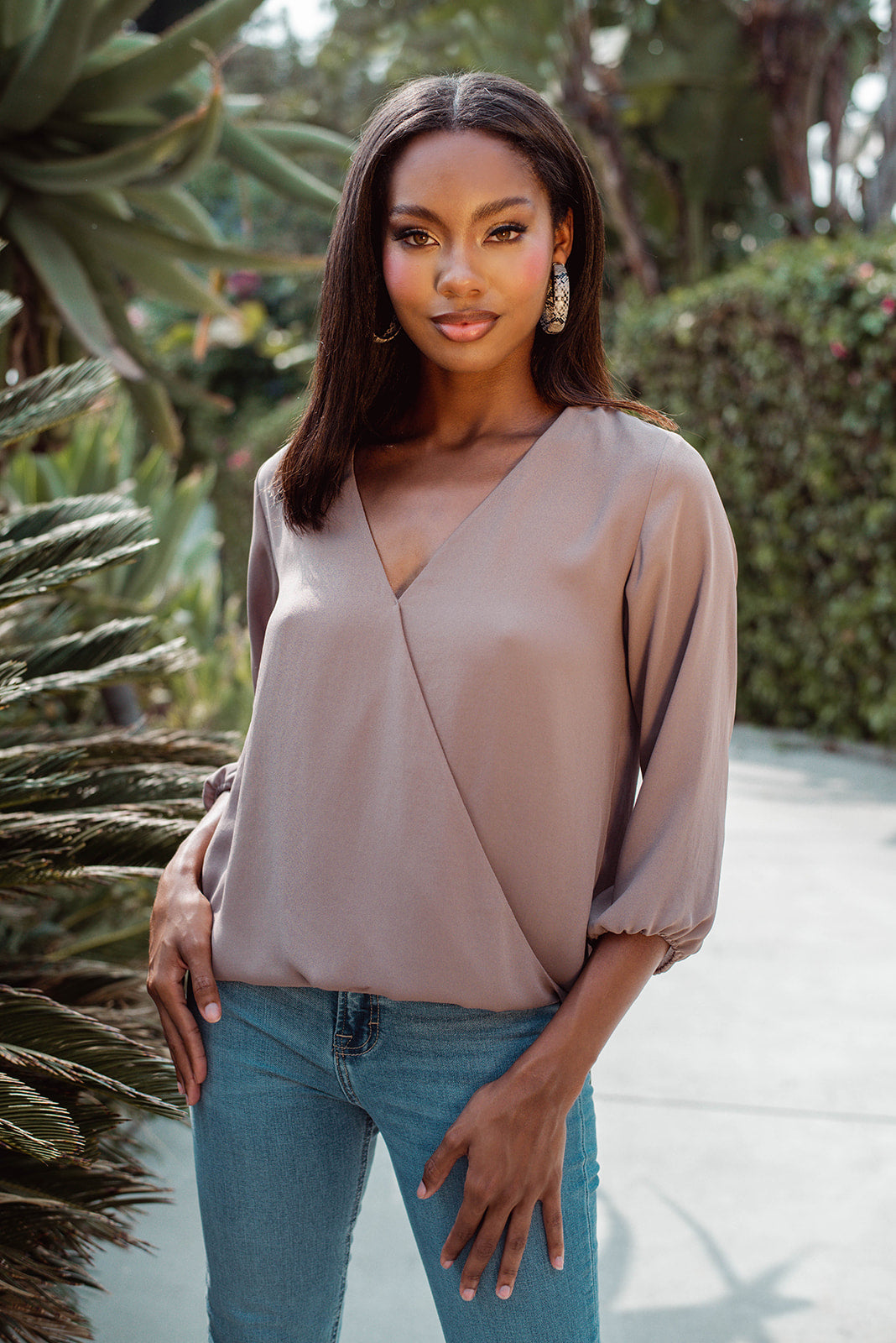 Taupe Surplice Blouse-BEST SELLER