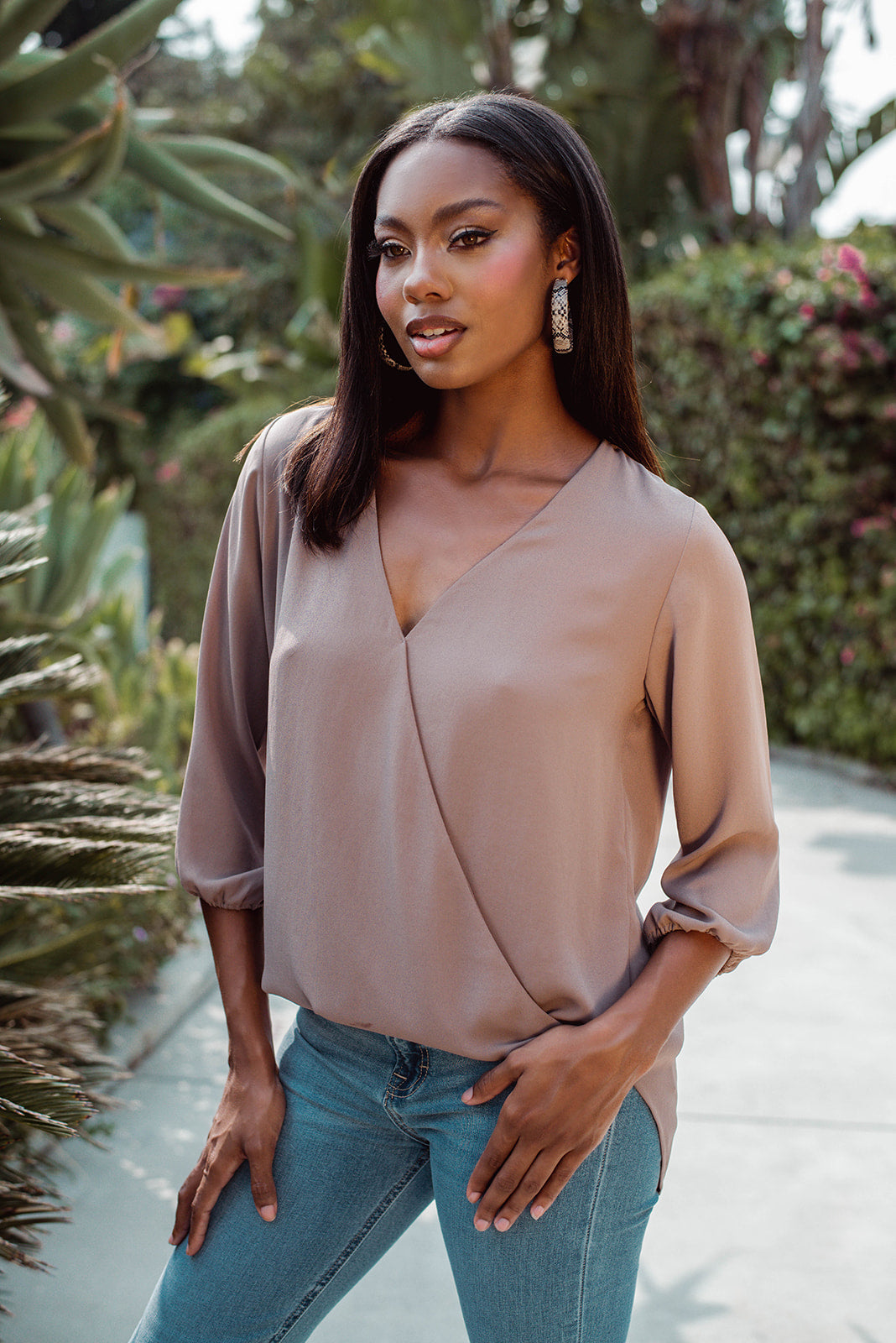 Taupe Surplice Blouse-BEST SELLER