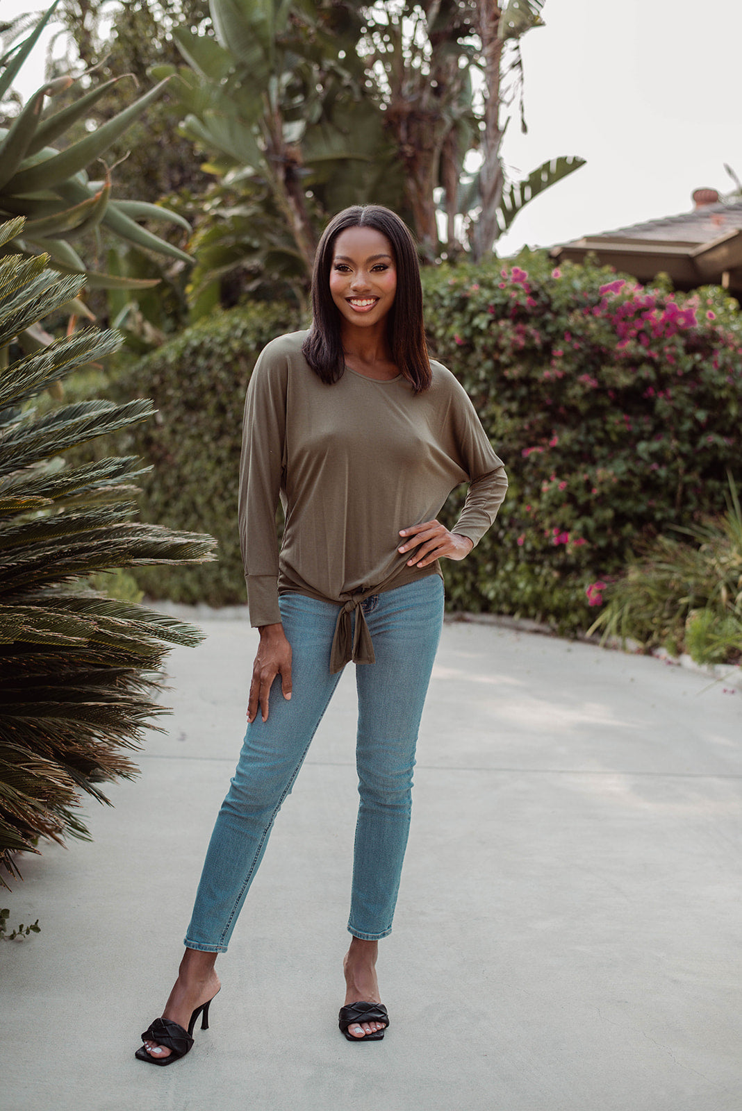 Olive Cupro Dolman Sleeve Top with Tie - FINAL SALE