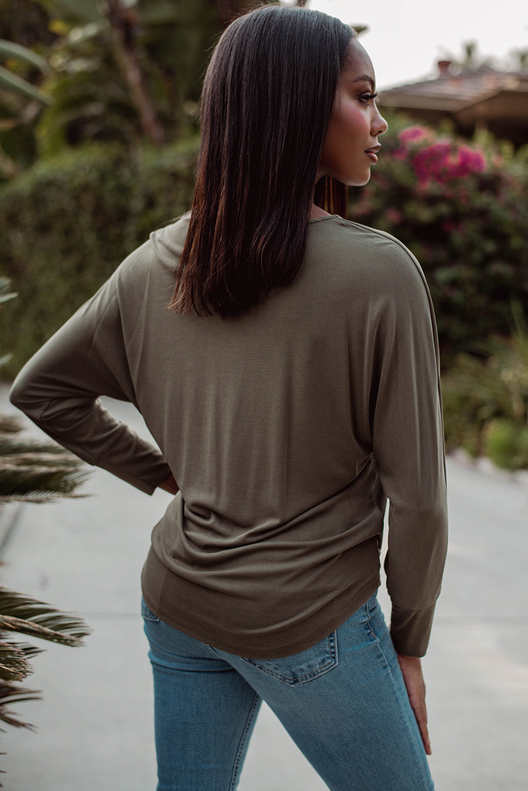 Olive Cupro Dolman Sleeve Top with Tie - FINAL SALE