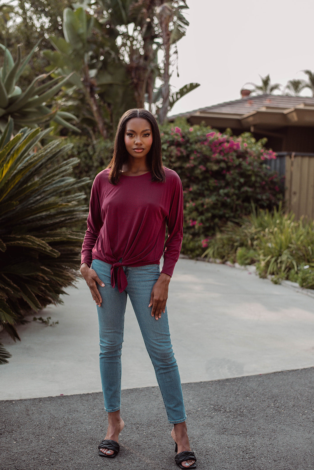 Burgundy Cupro Dolman Sleeve Top with Tie - FINAL SALE