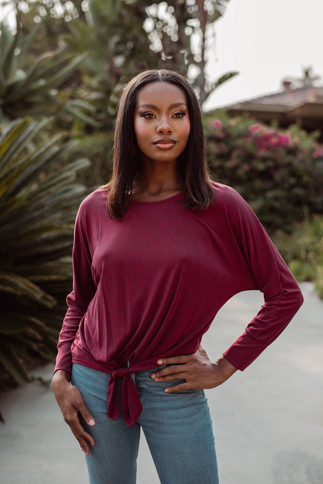 Burgundy Cupro Dolman Sleeve Top with Tie - FINAL SALE