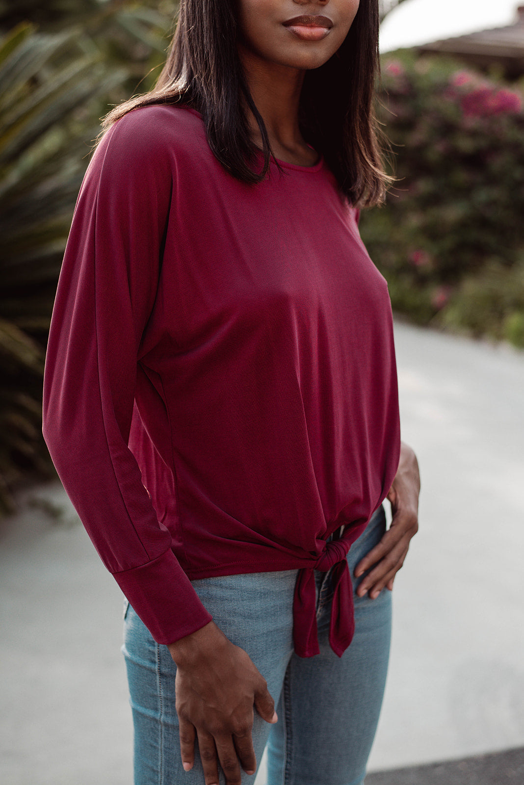 Burgundy Cupro Dolman Sleeve Top with Tie - FINAL SALE