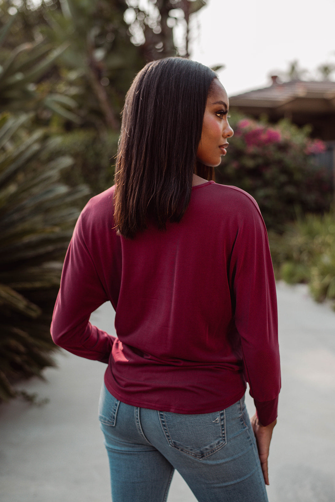 Burgundy Cupro Dolman Sleeve Top with Tie - FINAL SALE
