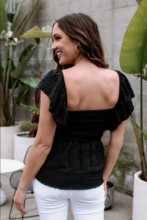 Black Airflow Smocked Flutter Top- FINAL SALE