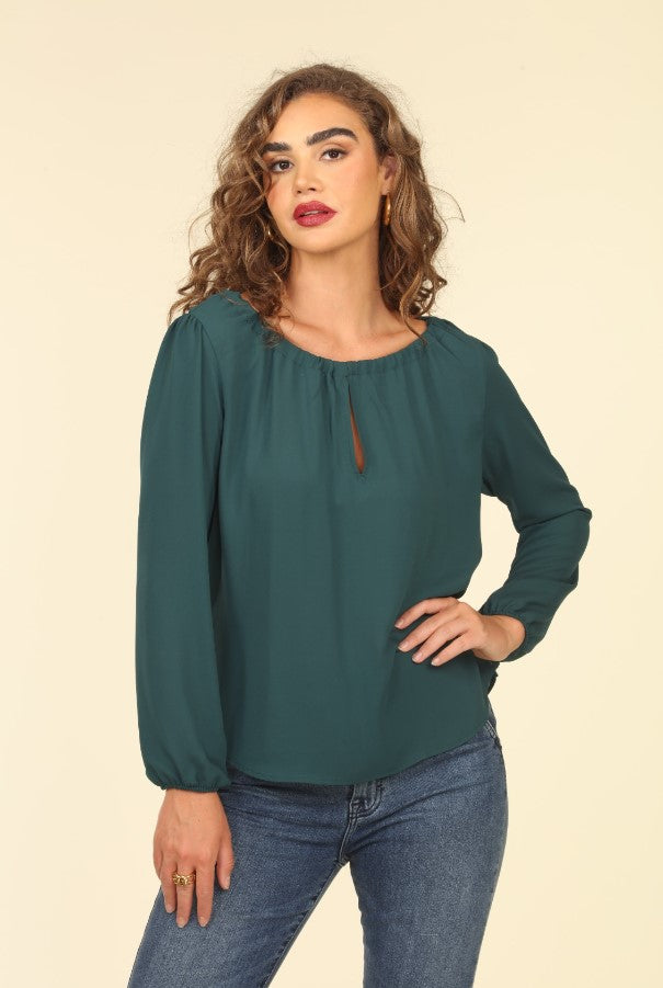 Forest Green Keyhole Tie Blouse-FINAL SALE