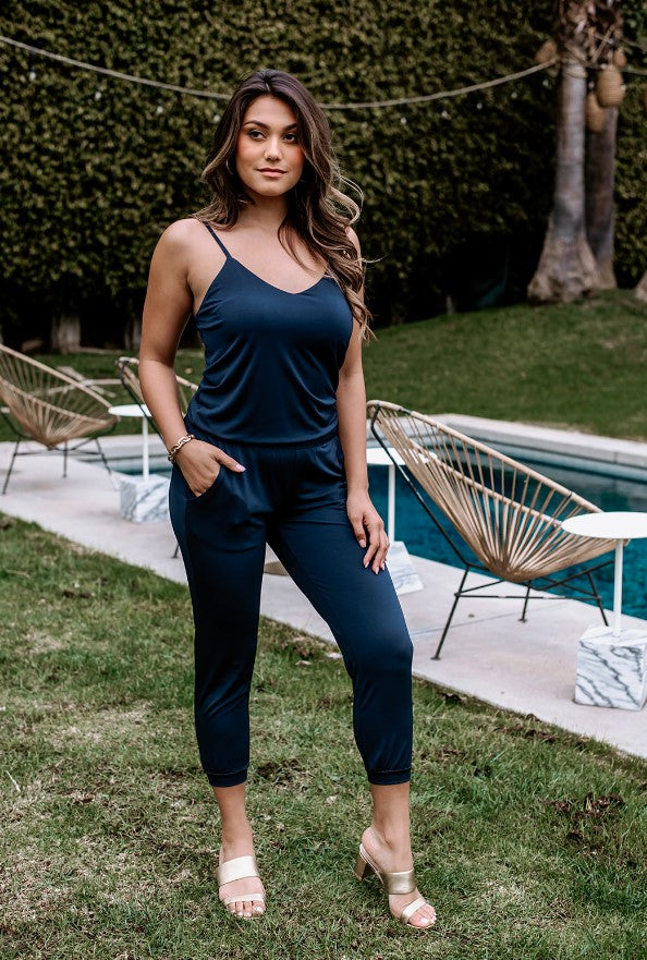 Navy Spaghetti Drop Waist Jumpsuit