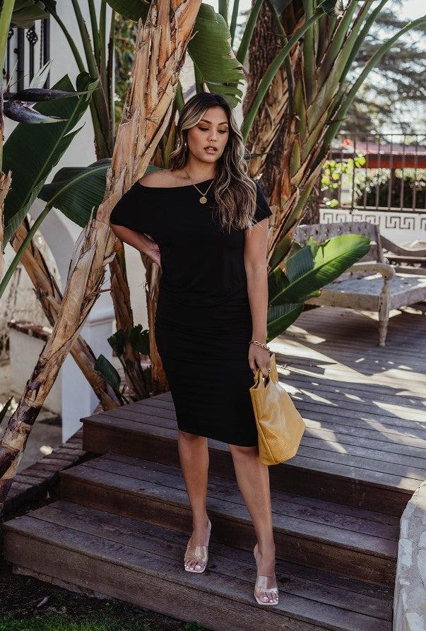 Black OTS Shirred Stretch Dress-BEST SELLER