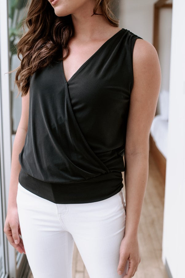 Black Cupro Stretch Surplice Top - BEST SELLER
