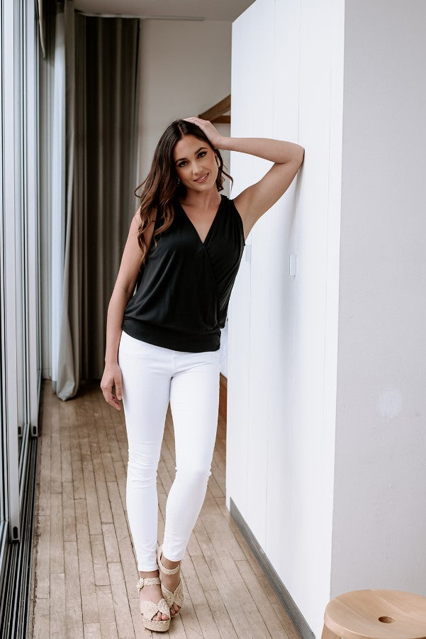 Black Cupro Stretch Surplice Top - BEST SELLER
