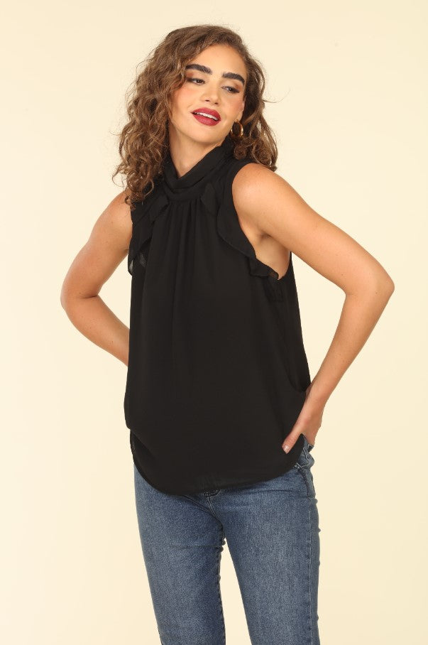 Black Hi-Neck Ruffle Chiffon Top- FINAL SALE
